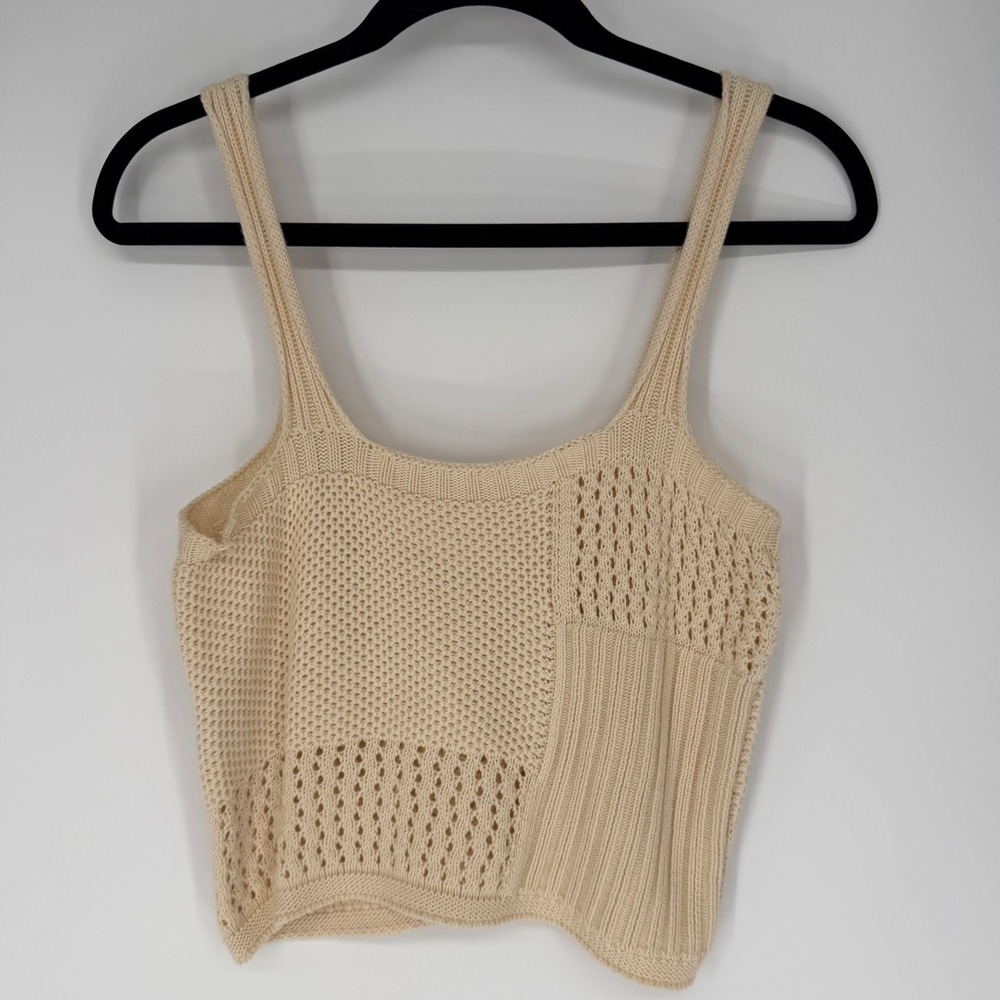 RITA ROW SOL CROCHET CROPPED TANK TOP OPEN KNIT SMALL BEIGE CREAM BOHO CHIC